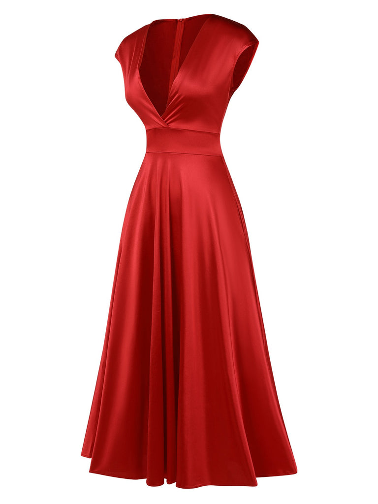 1950s Solid Deep V-Neck Satin Dress