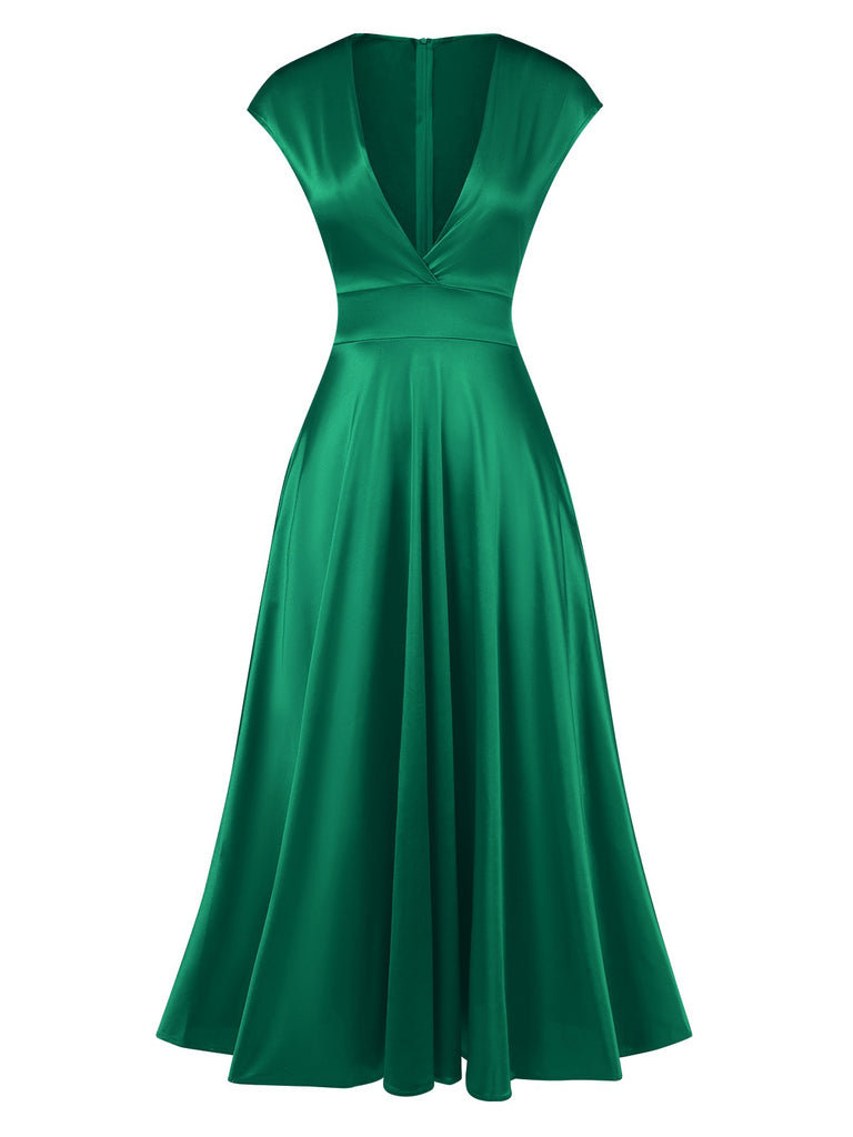 1950s Solid Deep V-Neck Satin Dress