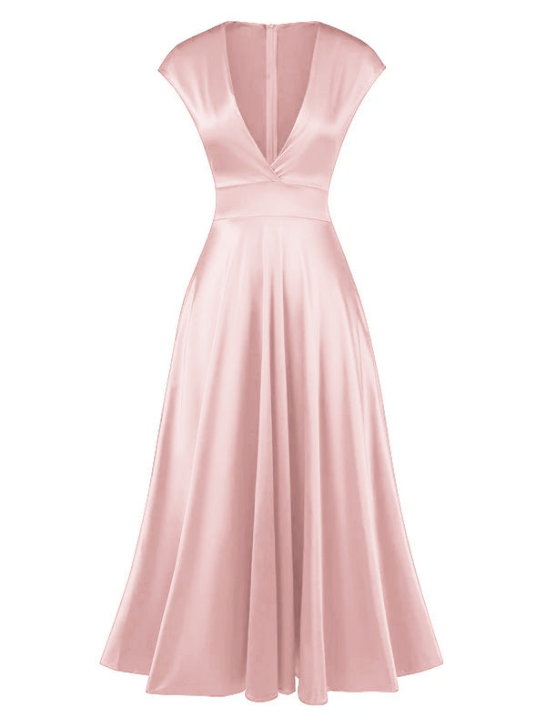 1930s Solid Deep V-Neck Satin Dress