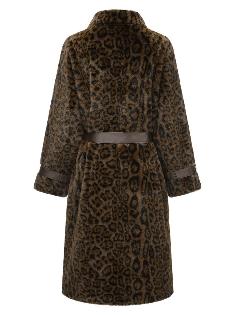 Brown 1950s Leopard Lapel Faux Fur Coat