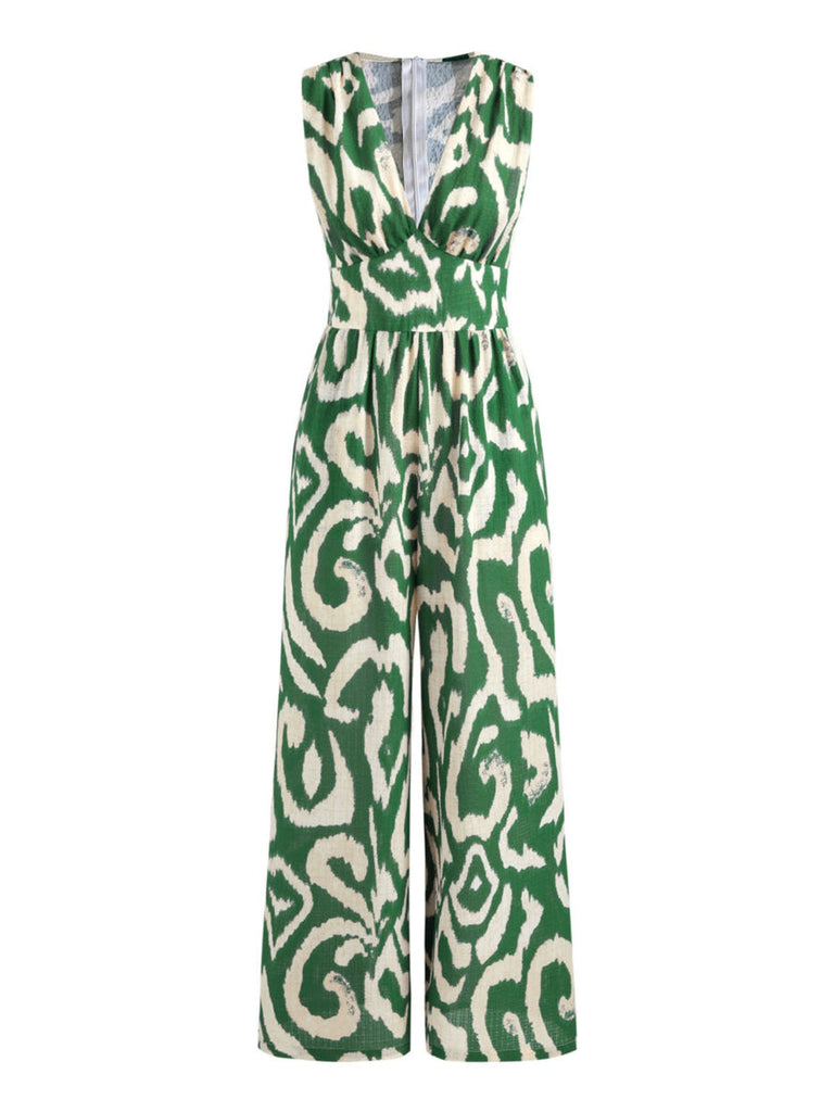 Green 1960s V-Neck Geometric Patterns Jumpsuit