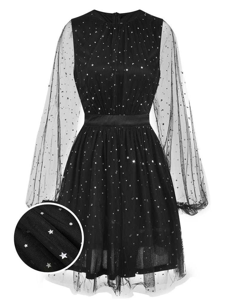 Black 1970s Star Sequins Lantern Sleeve Dress