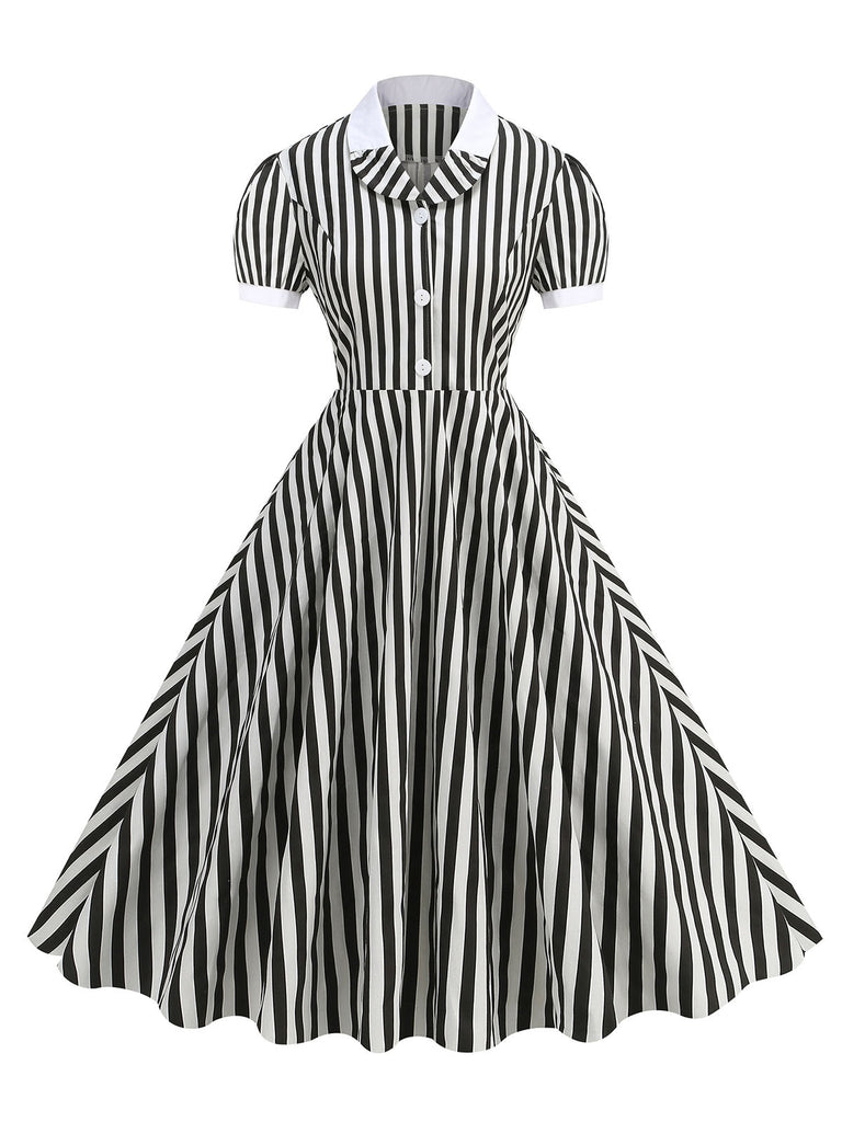 1950s Peter Pan Collar Black & White Stripes Dress