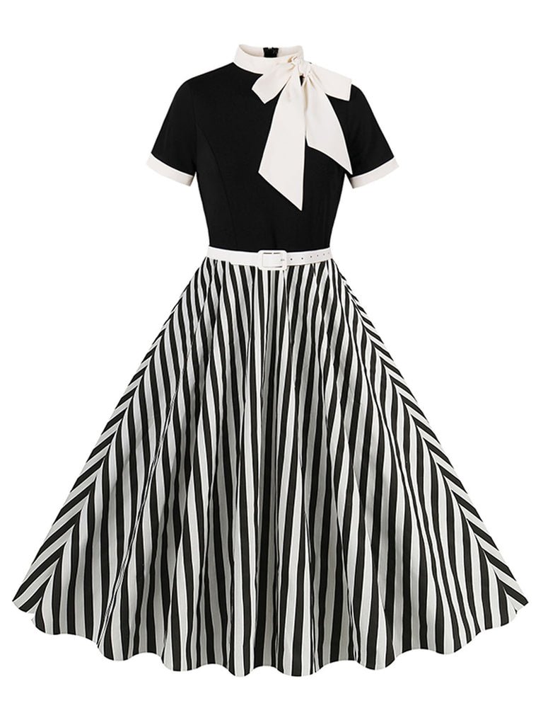 1950s Tie Neck Black & White Stripes Belted Dress