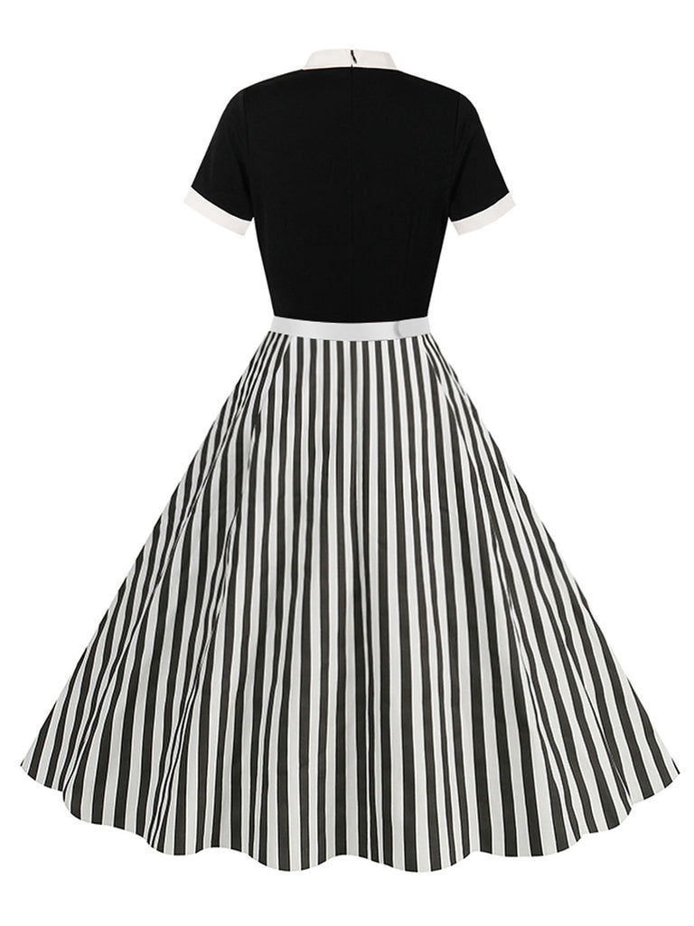 1950s Tie Neck Black & White Stripes Belted Dress