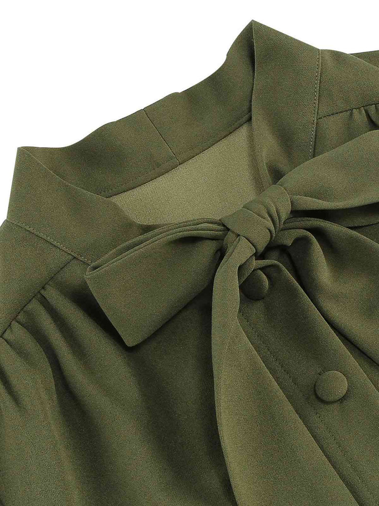 1950s Solid Bow Collar Buttoned Swing Dress