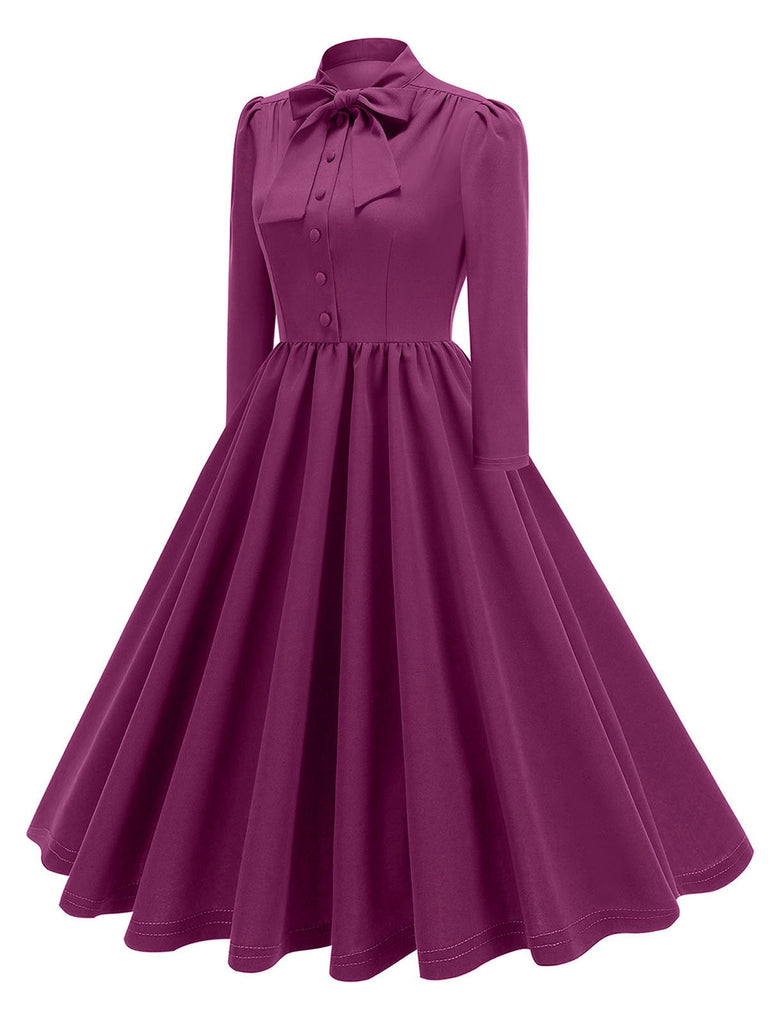 1950s Solid Bow Collar Buttoned Swing Dress