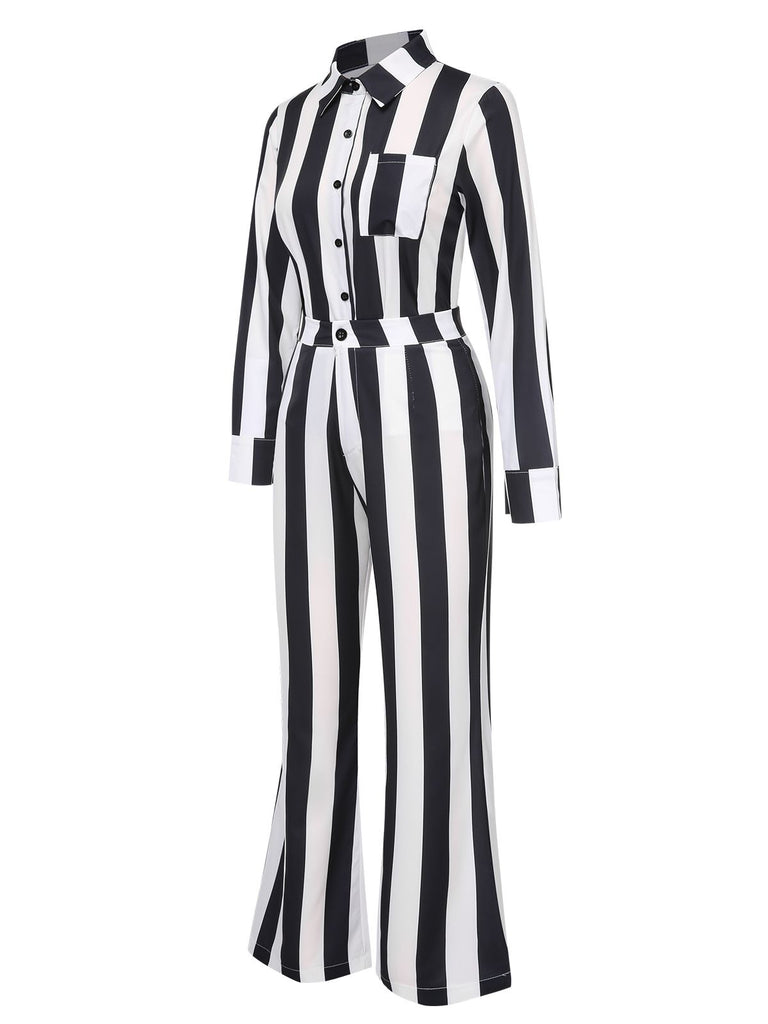 Black&White 1970s Lapel Striped Contrast Color Suit