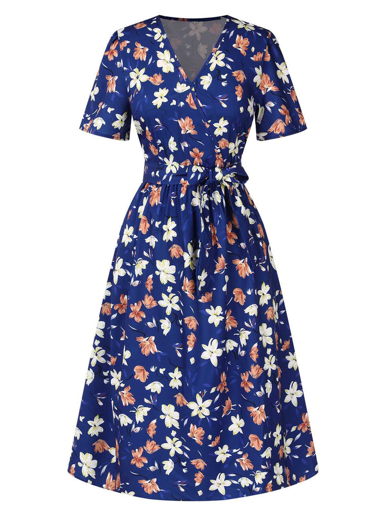 Dark Blue 1940s V-Neck Floral Dress