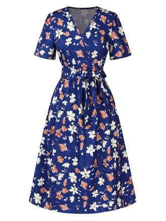 Dark Blue 1940s V-Neck Floral Dress