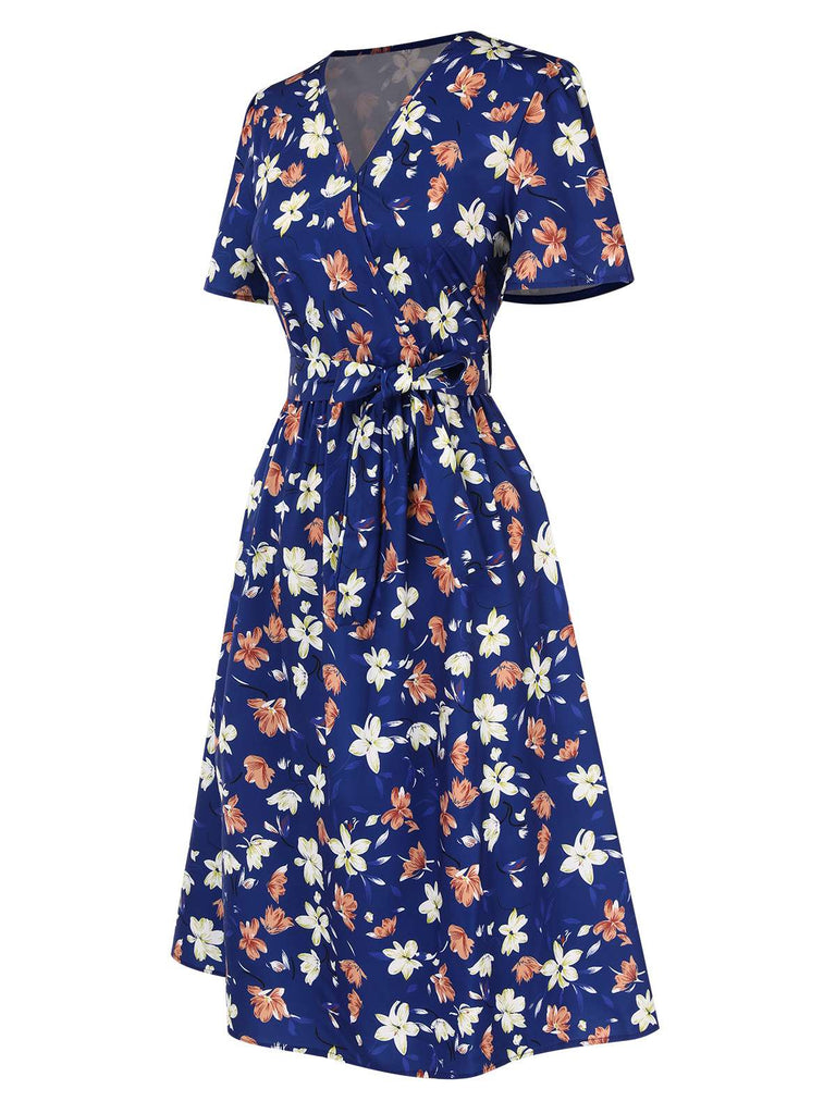 Dark Blue 1940s V-Neck Floral Dress