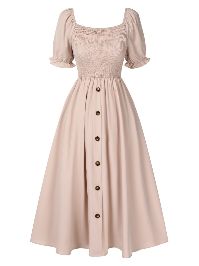 Beige 1940s Square Neck Puff Sleeve Button Smocked Dress