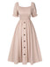 Beige 1940s Square Neck Puff Sleeve Button Smocked Dress