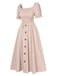 Beige 1940s Square Neck Puff Sleeve Button Smocked Dress