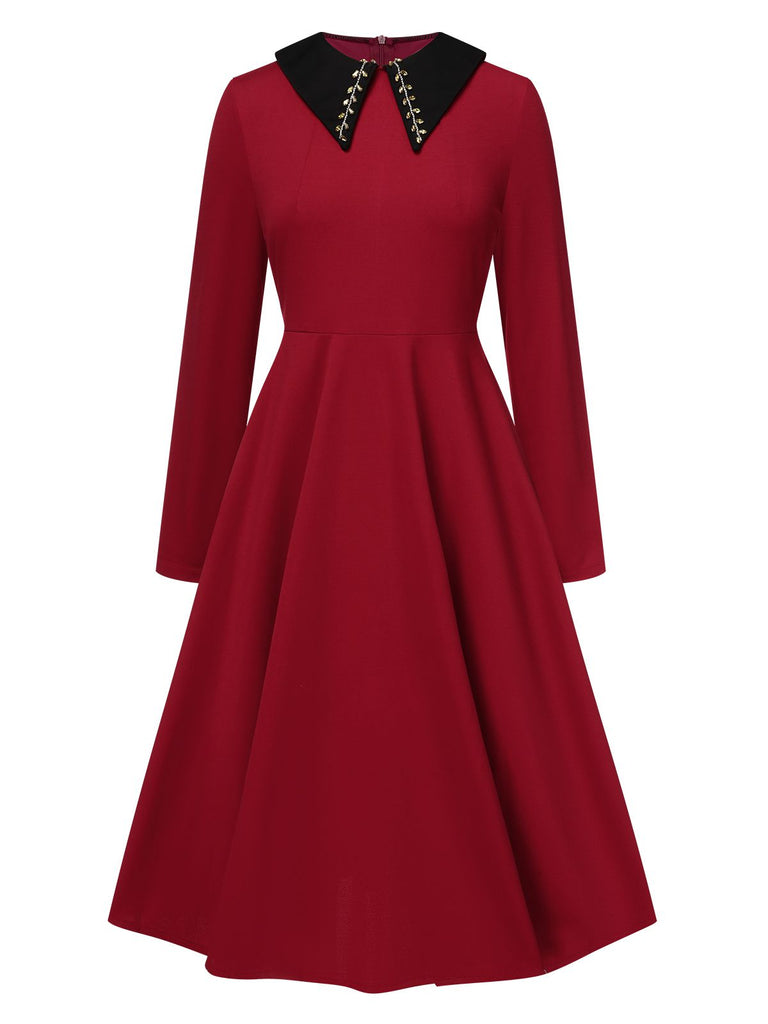 Wine Red 1950s Solid Rhinestone Lapel Dress