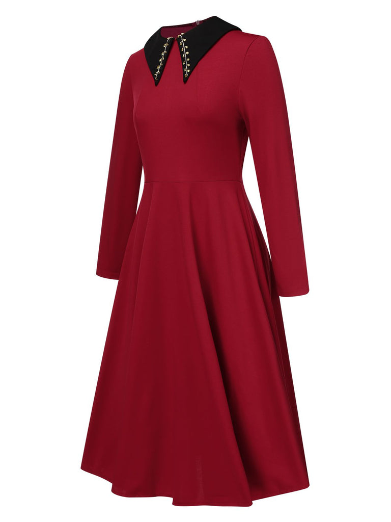 Wine Red 1950s Solid Rhinestone Lapel Dress