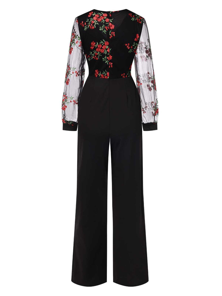 Black 1970s Embroidered Floral Jumpsuit