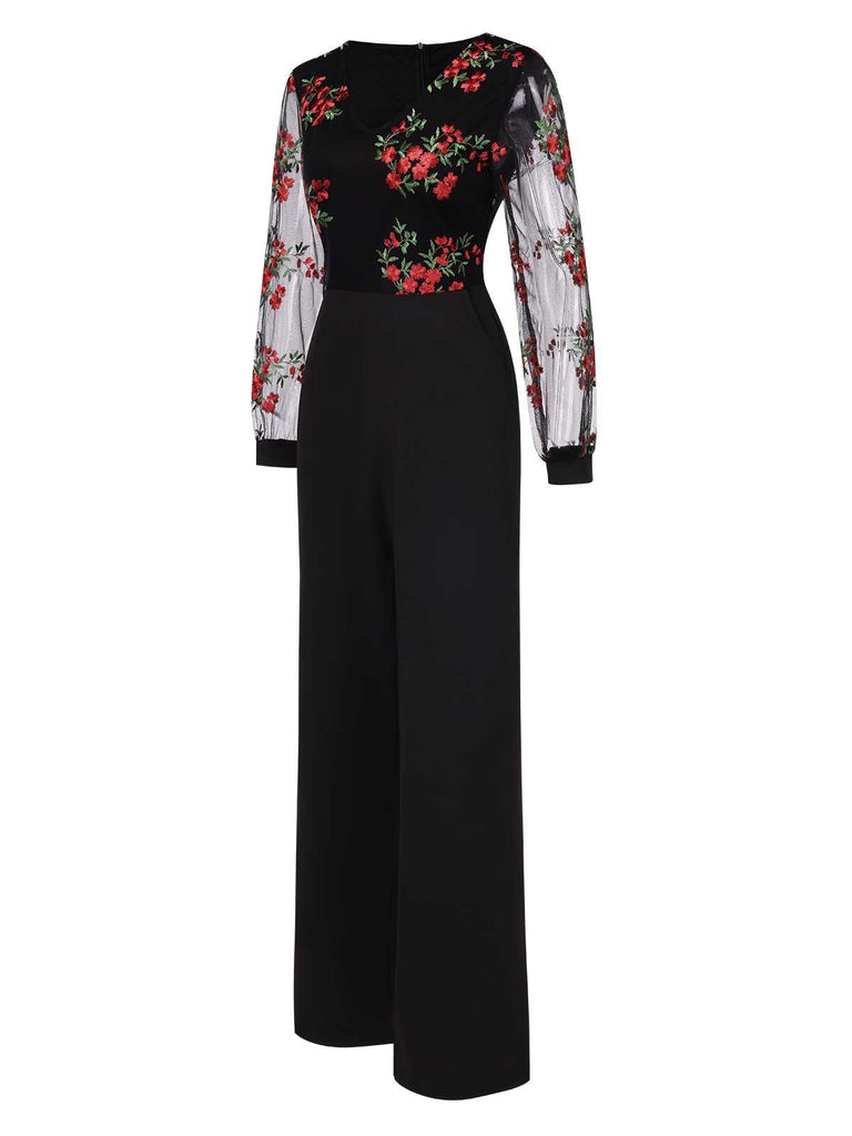 Black 1970s Embroidered Floral Jumpsuit