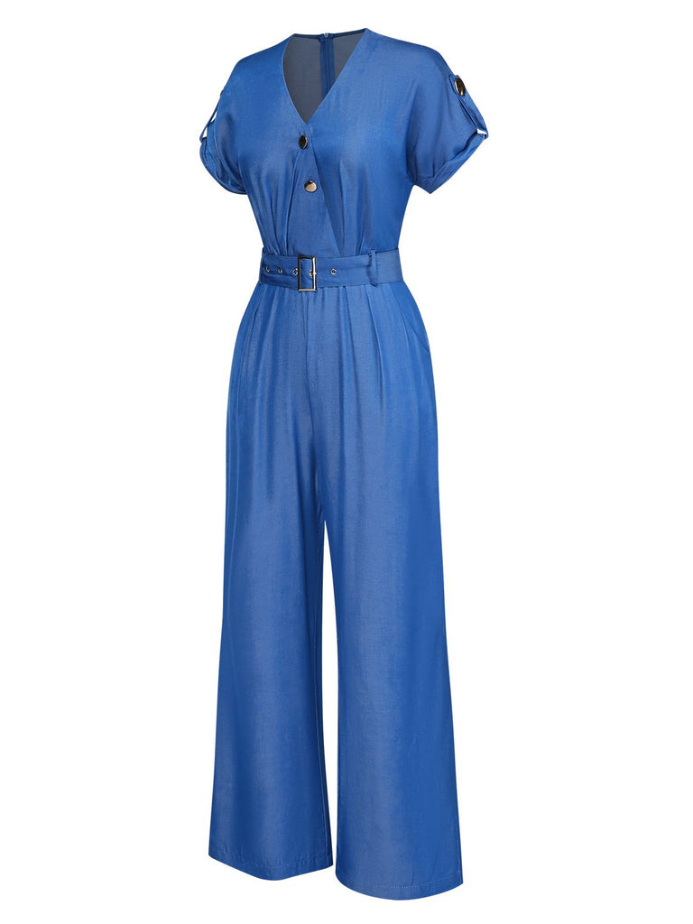 Blue 1970s V-Neck Solid Jumpsuit