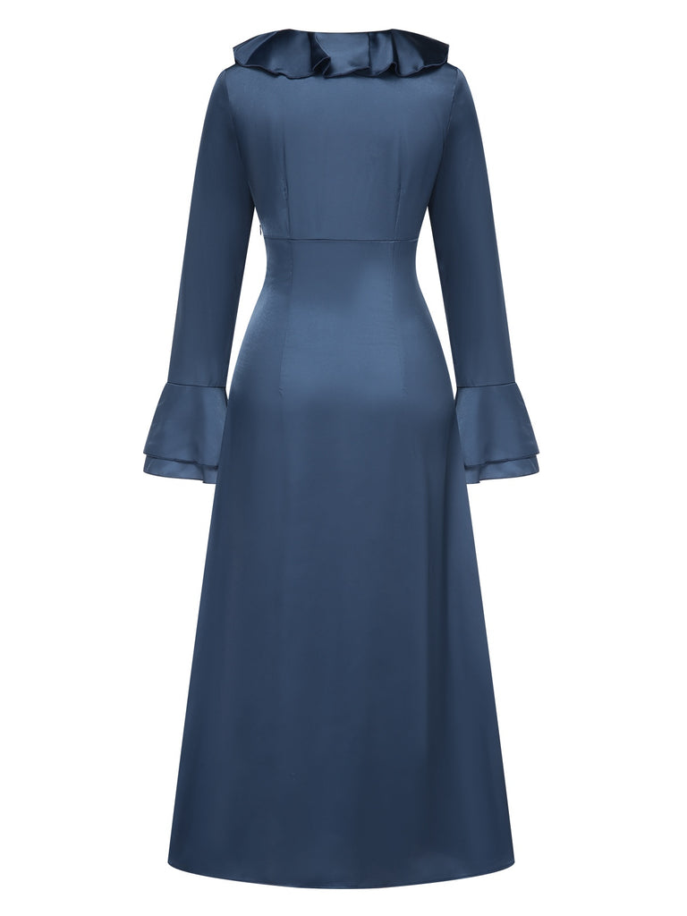 Blue 1940s Solid Satin Ruffle Cuff Dress