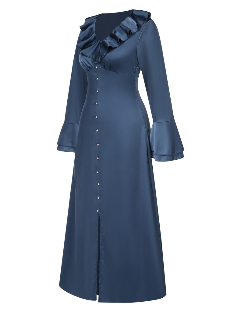 Blue 1940s Solid Satin Ruffle Cuff Dress