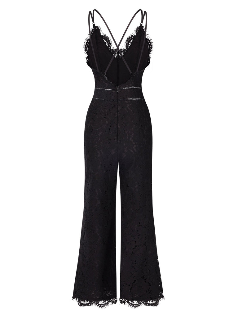 Black 1970s Lace V-Neck Spaghetti Straps Jumpsuit