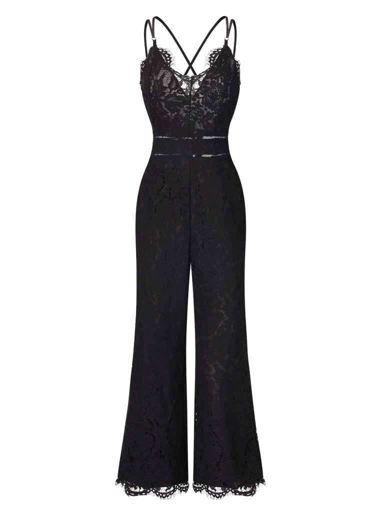 Black 1970s Lace V-Neck Spaghetti Straps Jumpsuit