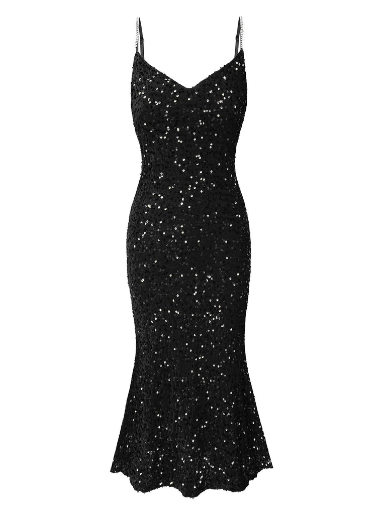 1930s V-Neck Suspender Sequined Fishtail Dress