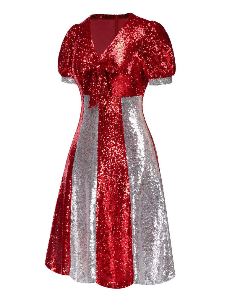 [Pre-Sale] Red 1960s Puff Sleeves Bowknot Sequined Dress