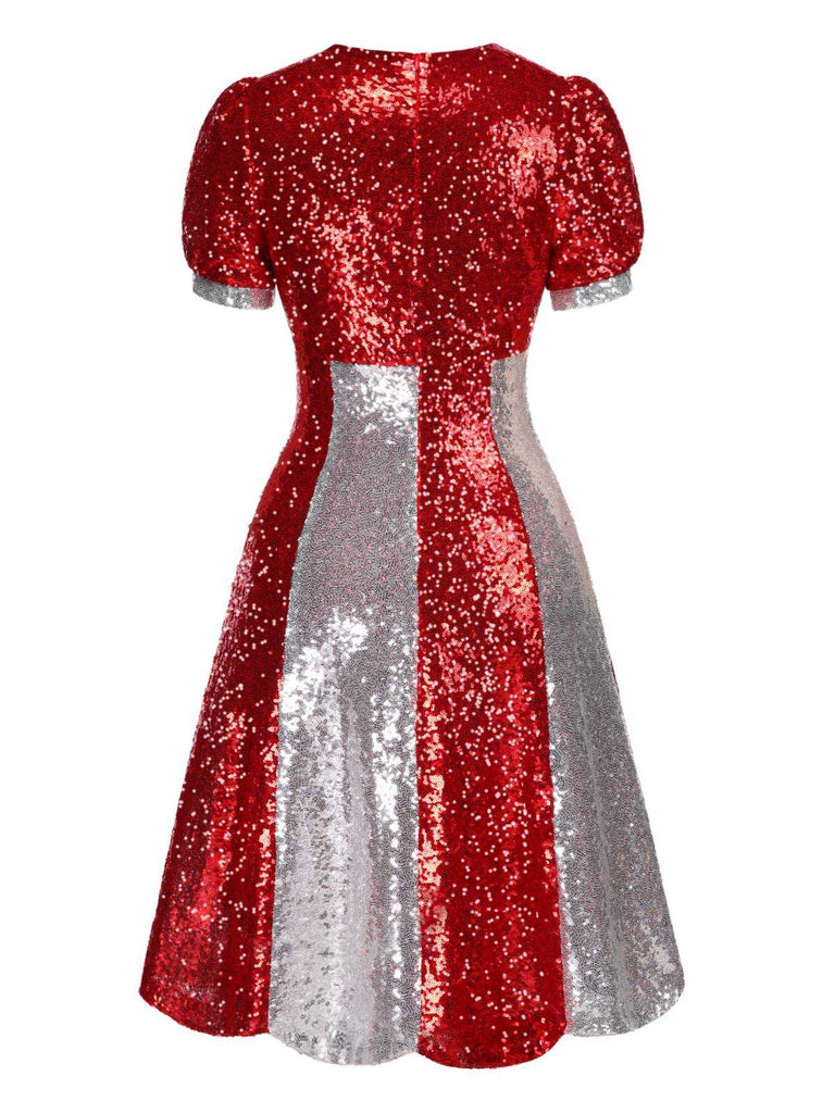 [Pre-Sale] Red 1960s Puff Sleeves Bowknot Sequined Dress