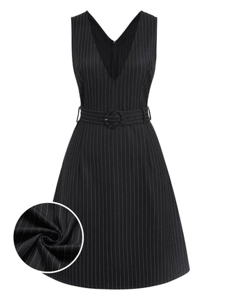Black 1960s Striped V-Neck Belted Dress