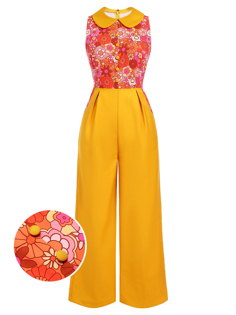 [Pre-Sale] Orange 1970s Cartoon Flowers Patchwork Jumpsuit