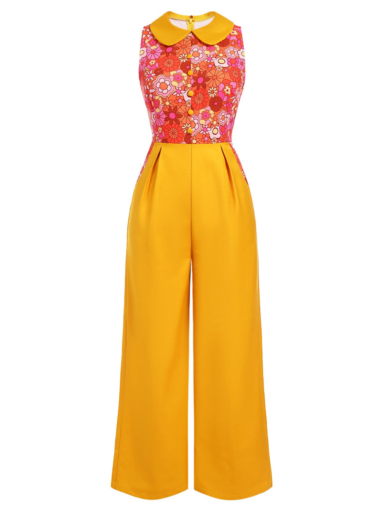 [Pre-Sale] Orange 1970s Cartoon Flowers Patchwork Jumpsuit