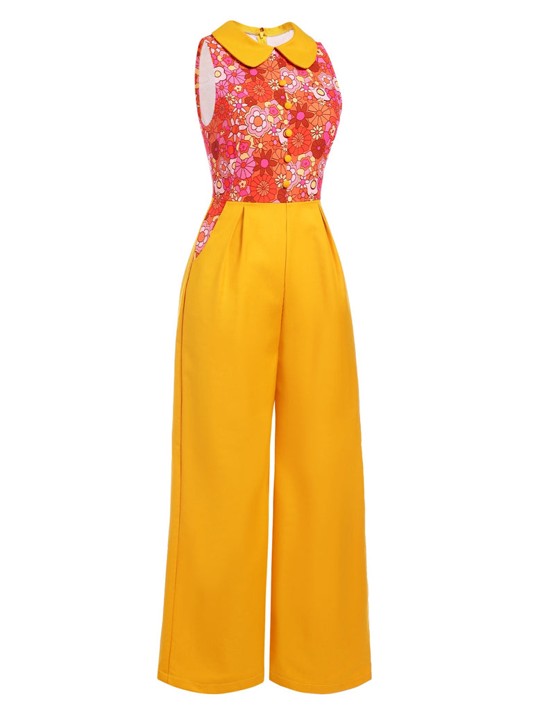 [Pre-Sale] Orange 1970s Cartoon Flowers Patchwork Jumpsuit