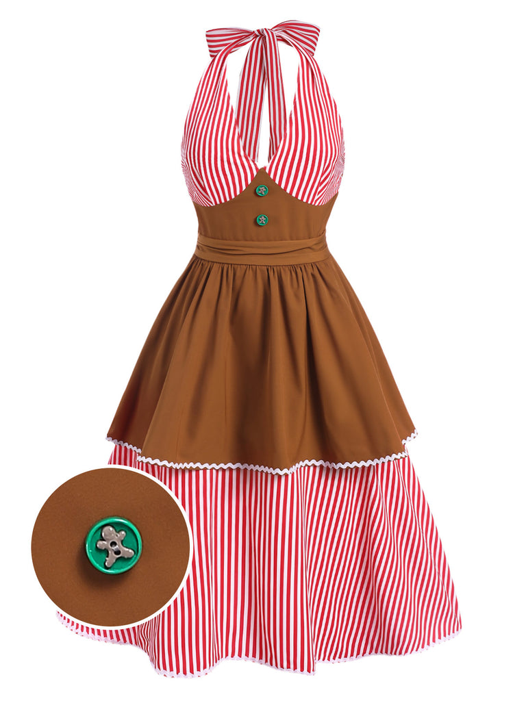 [Pre-Sale] 1950s Halter Christmas Gingerbread Man Button Stripes Dress