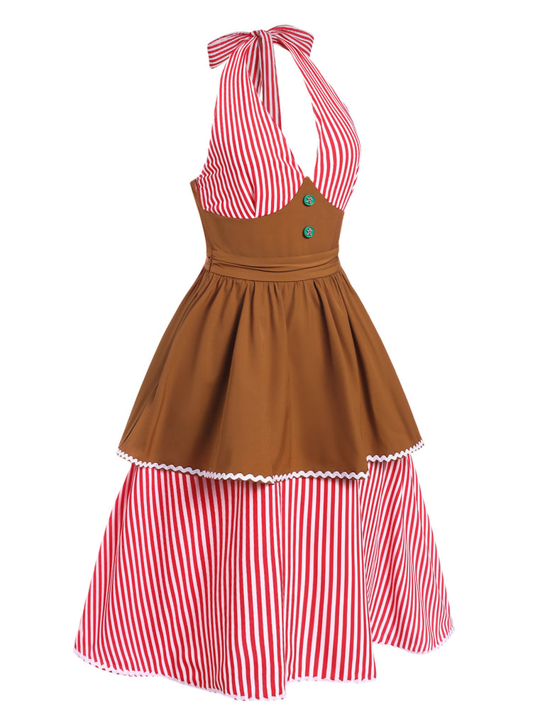 [Pre-Sale] 1950s Halter Christmas Gingerbread Man Button Stripes Dress