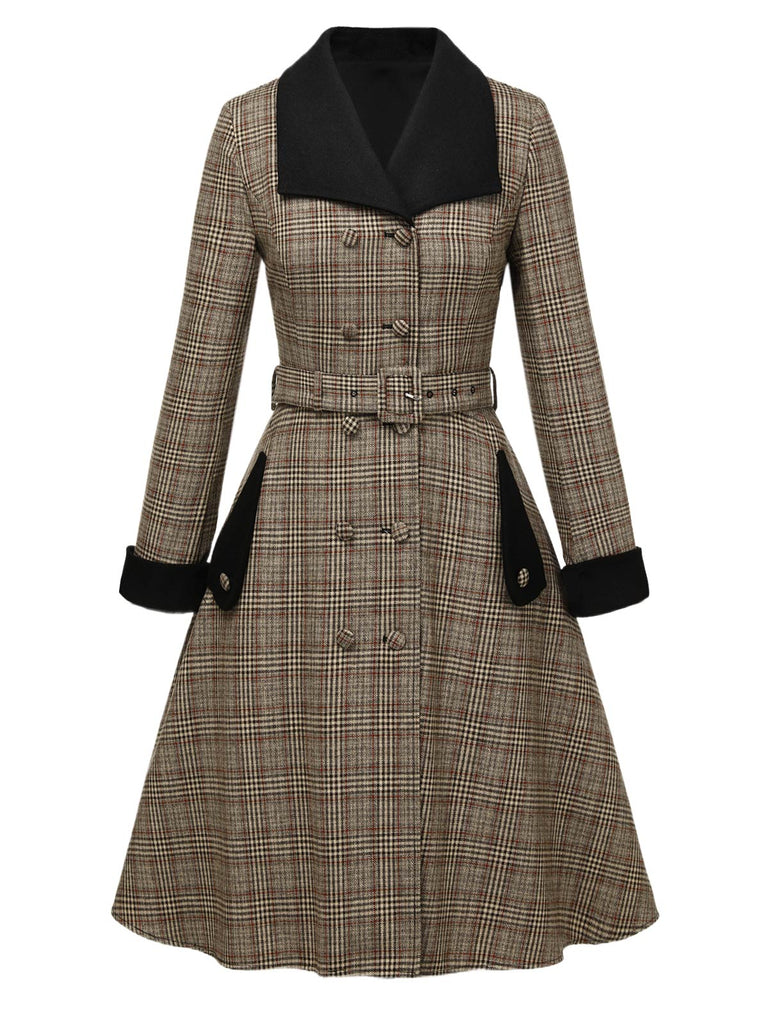 [Pre-Sale] Brown 1940s Lapel Plaids Belted Coat