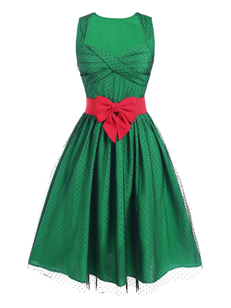 [Pre-Sale] Green 1950s Polka Dot Mesh Patchwork Dress