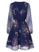 Dark Blue 1940s V-Neck Floral Puff Sleeve Dress