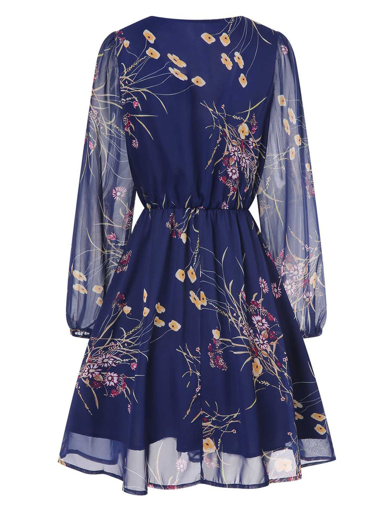 Dark Blue 1940s V-Neck Floral Puff Sleeve Dress