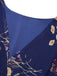 Dark Blue 1940s V-Neck Floral Puff Sleeve Dress