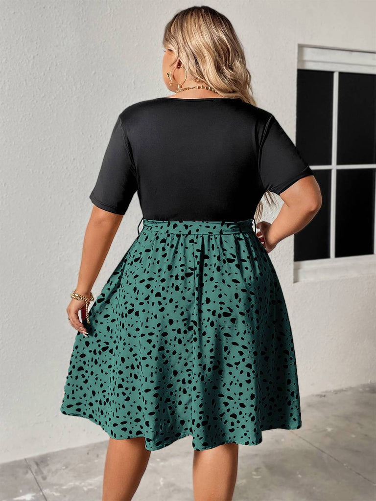 [Plus Size] 1950s Irregular Dots V-Neck Belt Dress