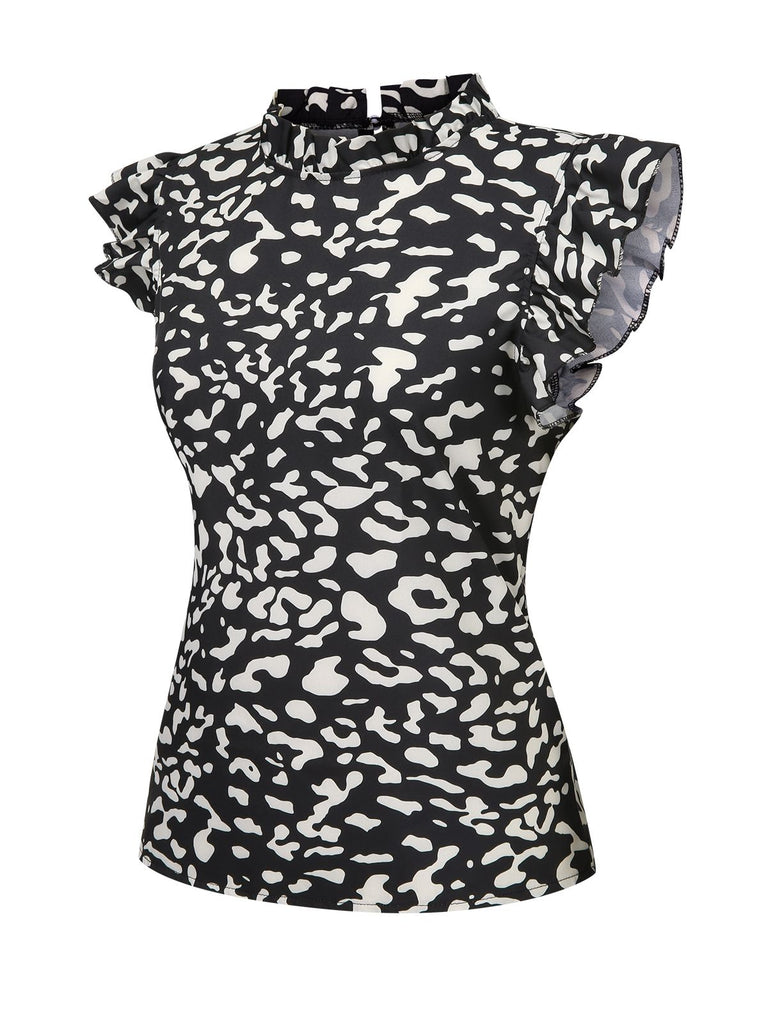 Black 1950s Leopard Print Ruffles Blouse