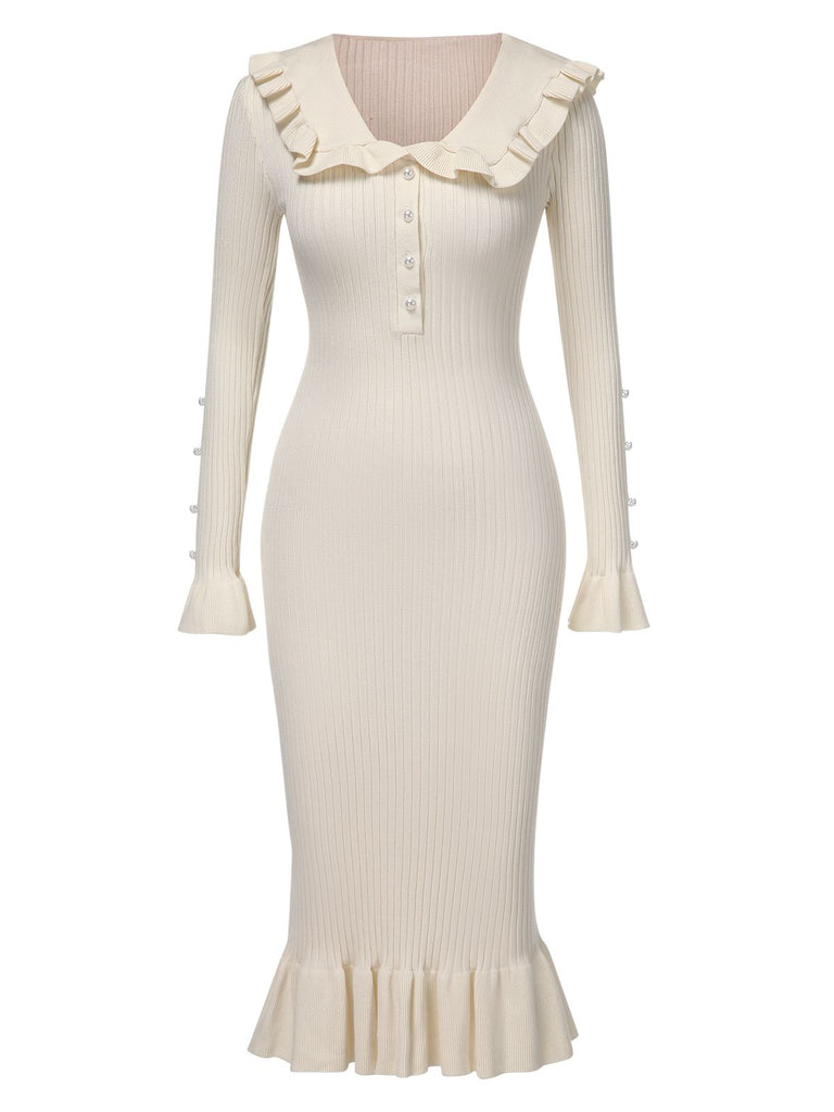 1930s Lapel Knitted Colorblock Fishtail Dress