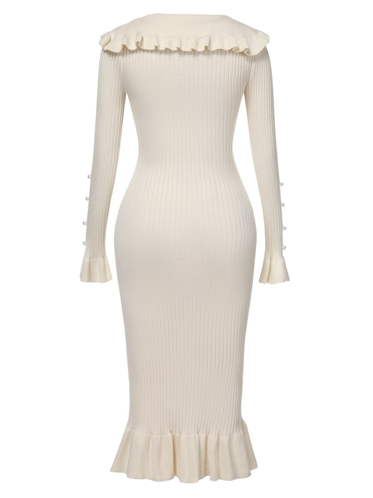 1930s Lapel Knitted Colorblock Fishtail Dress