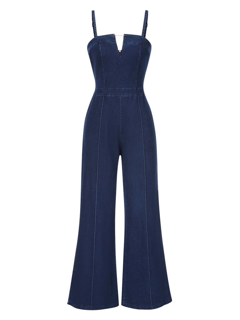 Blue 1970s Spaghetti Strap Cotton Denim Jumpsuit