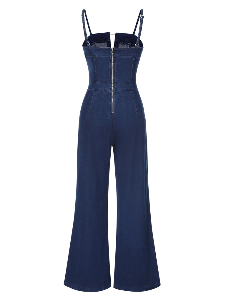 Blue 1970s Spaghetti Strap Cotton Denim Jumpsuit