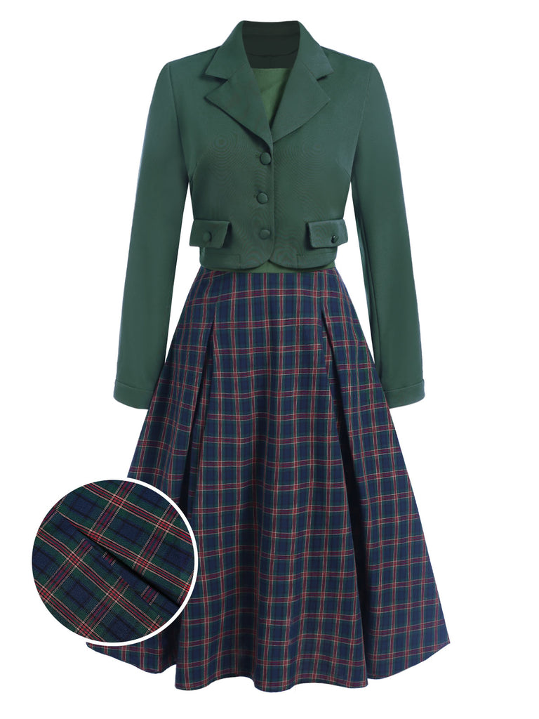 [Pre-Sale] 2PCS Green 1940s Lapel Button Blazer & Plaids Dress