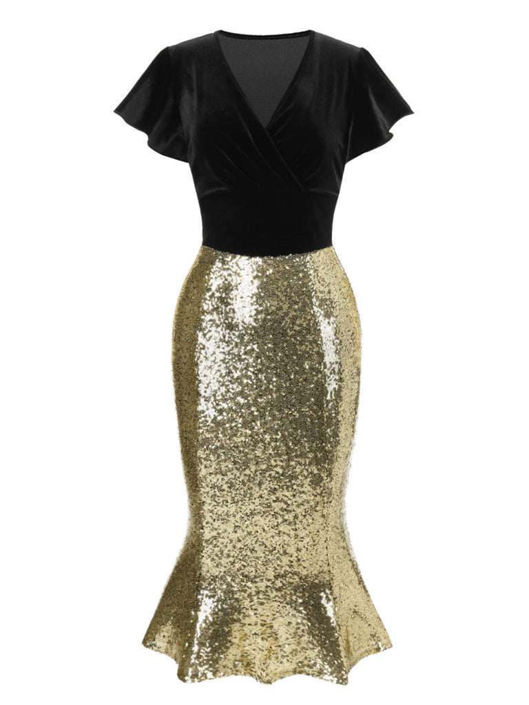 [Pre-Sale] 1930s V-Neck Velvet Sequins Ruffle Mermaid Dress