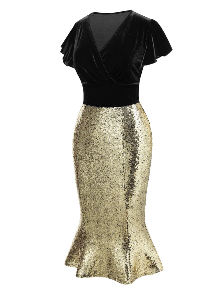 [Pre-Sale] 1930s V-Neck Velvet Sequins Ruffle Mermaid Dress